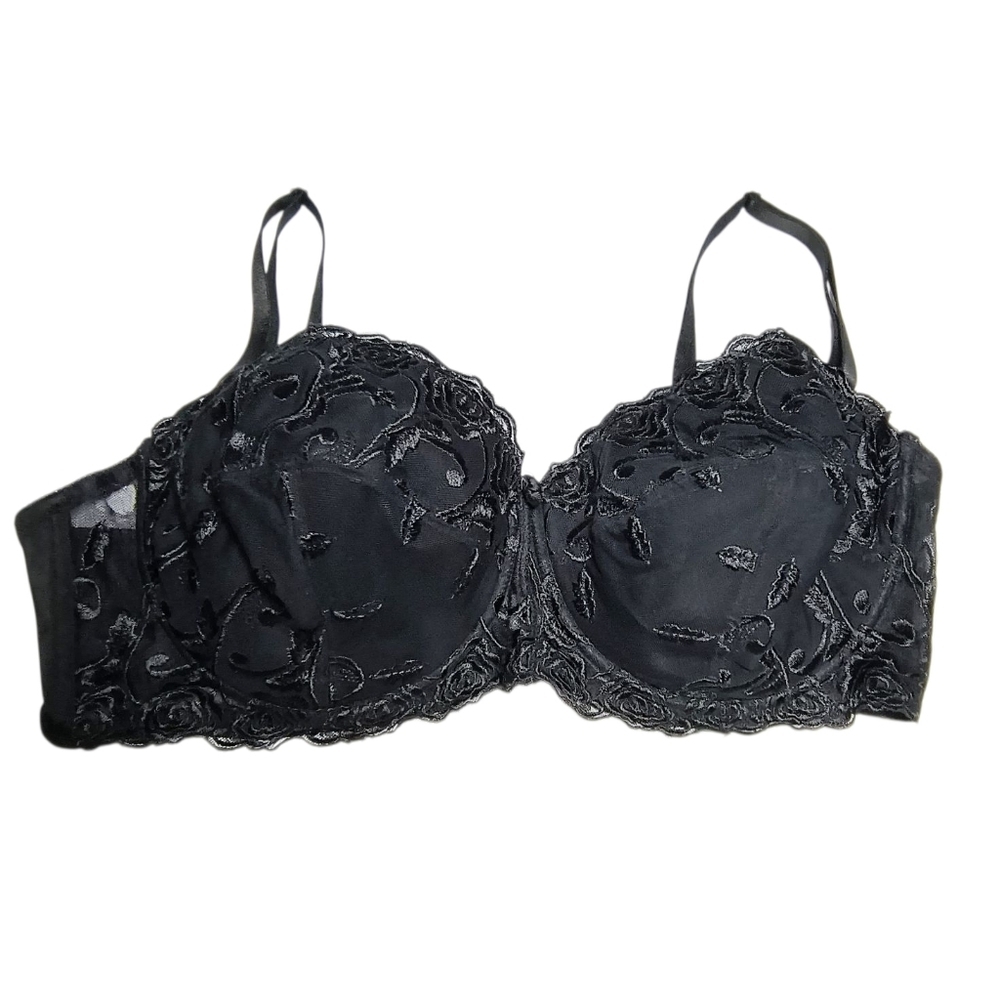 Body Form Elegant Black Lace Floral Embroidered Lightly Lined Underwire Bra 48DD - Picture 6 of 6